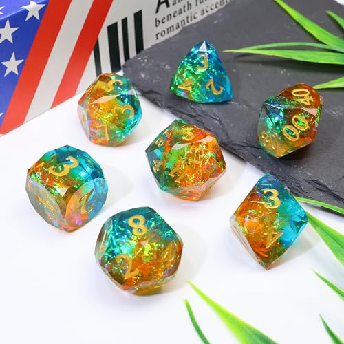 XENOLUX DND Dice Set Polyhedral Resin Dice with Diamond Cut Sharp Edges Holographic Foil Faceted Gemstone Two Color Mixed RPG TTRPG Board Games Tabletop Accessories with Metal Case - RD-Mixed2 - color: Rd-mixed 2