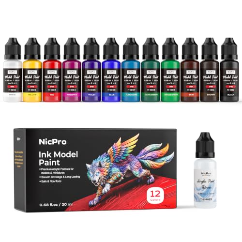 Nicpro 12 Colors Acrylic Model Ink Paint Set, 20ml Ready to Use Modeling Acrylic Inks, Brush & Airbrush Miniature Paint Set for Glazing Tinting Shading, Fantasy, Sci-Fi Models & 3D Prints with Thinner - style: Ink Model Paint