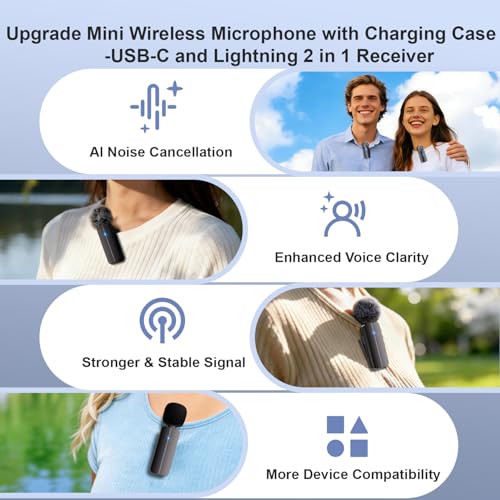 2-Pack Wireless Mini Lavalier Lapel Microphone for iPhone,Android Phone(2 in 1) w/ Case - 65ft Cordless Clip on Dual Mics with Noise Reduction 6H Working Time for Video Recording Vlogging, YouTube
