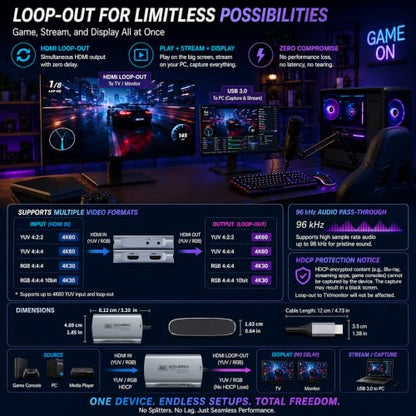 Guermok 4K@60FPS Capture Card for Streaming, 2K@120FPS USB 3.0 HDMI to USBC Camera Video Capture, 4K60 Passthrough, 3.5mm Audio in & Mic Out, Works with Switch 2/1, PS5/4, Xbox, Pad, Mac, PC