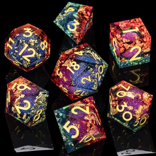 ARUOHHA Liquid Core DND Dice Set, 7pcs Resin Sharp Edged Dragons Dice Compatible with D&D Role Playing Games, RPG Golden Numbers Orange Green Dungeons Polyhedral D and D Dice with Gift Box D20 D10 D6 - color: Shiny-orange Green
