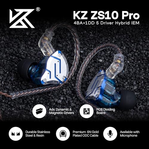 Linsoul KZ ZS10 Pro, 4BA+1DD 5 Driver in Ear Monitor, HiFi Wired Earbuds, Gaming Earbuds, Hybrid IEM Earphones with Stainless Steel Faceplate, Detachable Cable for Musician(Without Mic, Glare Blue) - color: Glare Blue, style: Without Mic