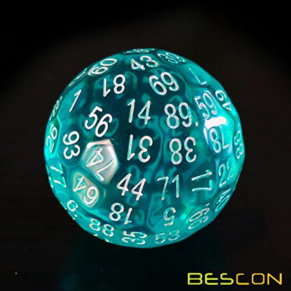 Bescon Translucent Polyhedral Dice 100 Sides Dice, Transparent D100 die, 100 Sided Cube, D100 Game Dice,100-Sided Cube of Teal - color: Translucent Teal D100