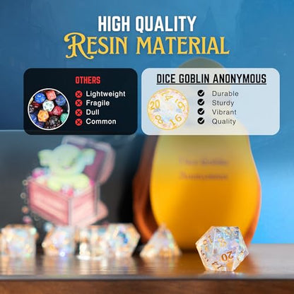 DND Dice Set 7pcs Sharp Edge Resin Polyhedral Dice for Dungeons & Dragons Bundled with Dice Pouch/Tray, and Stickers (Celestial Gleam)