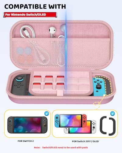 Switch 2 Slim Hard Shell Carry Case for Nintendo Switch 2 2025/Switch/OLED | Hard Shell Carrying Case with Soft Lining, 10 Card Slots, Durable Ballistic Nylon, Soft Silicone Handle, Switch2 Carry Case - color: Pink