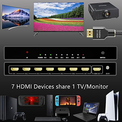 KAGO 7-Port HDMI Switch 4K@60Hz, 7 in 1 Out HDMI Switcher with Remote Control, Supports HDCP 2.2, HDR10, 3D & 18Gbps, Aluminum HDMI Hub Selector for PS5/4, Xbox, Roku, Apple TV, PC - size: 7 ports