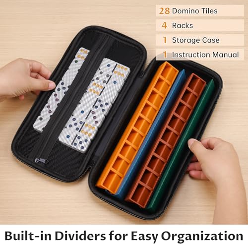 Double 6 Dominoes Set for Adults, 28 Tiles, Board Game, Case | Anti-Slip 4 Silicone Holders Fit Various Domino Sizes, Portable Case, Travel Ready Gift For Friends, Family Game Nights - size: Large
