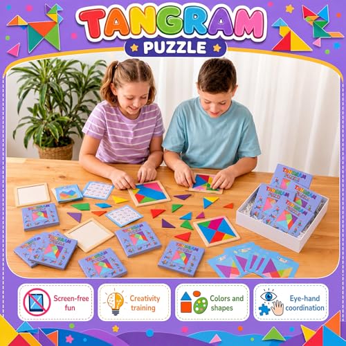 Dunzoom 50 Pack Wooden Tangram Puzzle for Kids, Bulk Party Favors and Classroom Rewards, Stem Learning Jigsaw Games, Educational Brain Teaser Toys, Goodie Stuffers for Ages 4-8 (Pastel Pink Purple) - color: Pastel Pink Purple