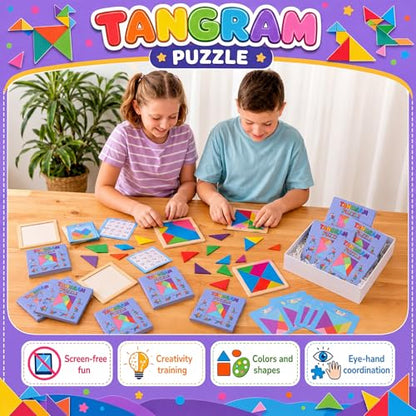 Dunzoom 50 Pack Wooden Tangram Puzzle for Kids, Bulk Party Favors and Classroom Rewards, Stem Learning Jigsaw Games, Educational Brain Teaser Toys, Goodie Stuffers for Ages 4-8 (Pastel Pink Purple) - color: Pastel Pink Purple