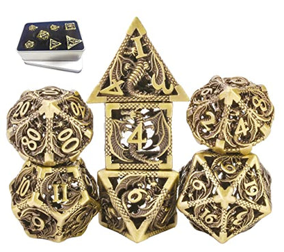 Metal DND Dice Set Dungeons and Dragon Dice Set Hollow Dragon Polyhedral Magic 7 PCS Dice Set with Gift Metal Box for Dungeons and Dragons Table Games Play Cards MTG(Dragon_Ancient Bronze) - color: Dragon_ancient Bronze