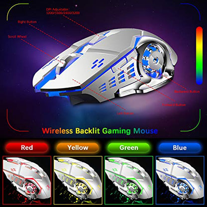 Wireless Gaming Keyboard and Mouse,RGB Backlit Rechargeable Keyboard Mouse with 5000mAh Battery Metal Panel,Removable Hand Rest Mechanical Feel Keyboard and 7 Color Gaming Mute Mouse for PC Gamers - color: White RGB