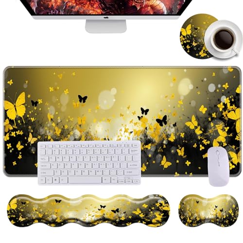 Keyboard Wrist Rest+Mouse Wrist Pad+Desk Pad Set,Memory Foam Ergonomic Easy Typing Pain Relief for Computer Laptop Office Home - Flowers and Butterflies - color: Flowers and Butterflies