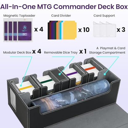 MTG Commander Deck Box 6-in-1, Large Trading Card Storage Case with 4 Removable Card Deck Boxes, Display Windows, Dice Box & Playmat Compartment, Holds 2000+ Unsleeved Cards, Black Gray - color: Black Gray, size: 6-IN-1 with Playmat Space