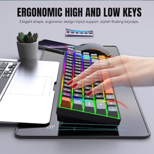 Snpurdiri 60% Wireless Gaming Keyboard and Mouse Combo,Rainbow Backlit Rechargeable 2000mAh Battery,Mini Mechanical Feel Keyboard + Popular RGB Mice for Gaming,Business Office(Gray-Black-Orange) - color: Black Gray Orange Combo