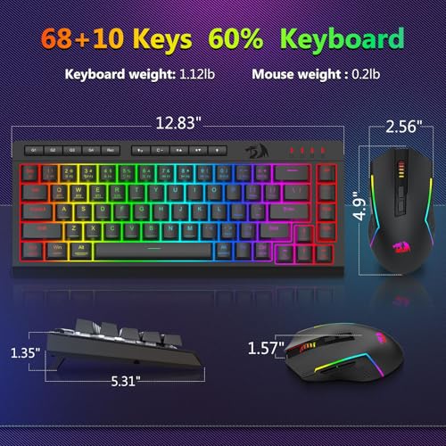 Redragon Wireless Gaming Keyboard and Mouse Combo, 60% Portable, Black | Bluetooth/2.4G/USB-C Wired, RGB Backlit, Quiet Rechargeable Macro Membrane Keyboard & 12800 DPI Mouse for Win/MAC - color: Black Combo