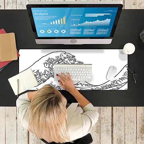 Ovenbird Gaming Mouse Pad with Stitched Edges, Japanese Wave White Extended XL Mousepad with Anti-Slip Base, Cool Large Mouse Pad for Desk, 31.5 x 11.8 in, White - color: Minimal Wave, size: Extended