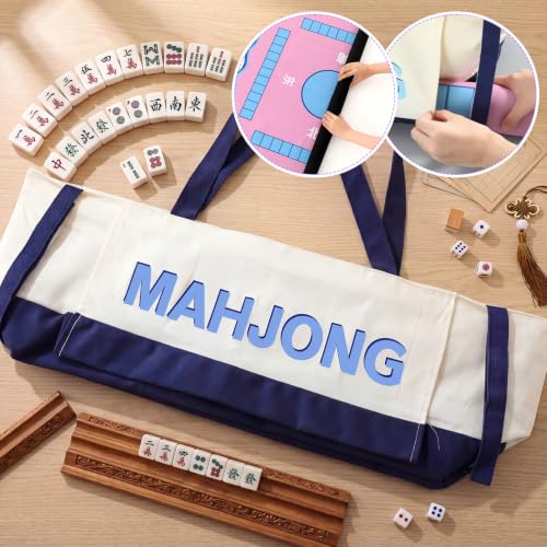 Abbylike 28x9 Inches Mahjong Bag for Rolled Mat Tiles Racks Pushers Accessories Empty Mahjong Tote Bag with Zipper Closure Outer Pockets Lining Large Capacity(Beige&Navy Blue,Canvas) - color: Beige&navy Blue