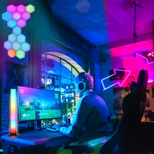 Hexagon LED Lights, 8 Pack with App and Remote Control | Frosted 3D plastic panels for gamers and streamers; made for gaming rooms, esports setups and movie rooms with music sync - size: 8pack