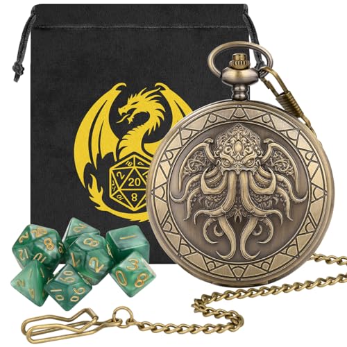 Cthulhu Theme Pocket Watch Dice Set, DND Mystery Dice for RPG COC Pathfinder, DND Starter Set, 7pcs Green Small Polyhedral Acrylic Dice, Fantasy Gifts for Cthulhu Fans, Birthday Gift for Men - color: Cthulhu Theme