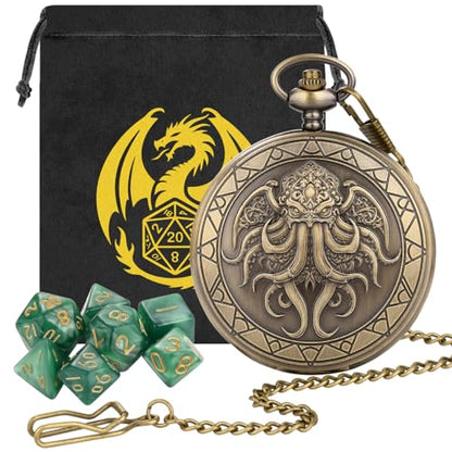 Cthulhu Theme Pocket Watch Dice Set, DND Mystery Dice for RPG COC Pathfinder, DND Starter Set, 7pcs Green Small Polyhedral Acrylic Dice, Fantasy Gifts for Cthulhu Fans, Birthday Gift for Men - color: Cthulhu Theme