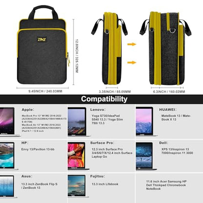 ZINZ Laptop Shoulder Bag 12.3-13 inch Case Sleeve, Expandable Handbag with Valuables Compartment Compatible with MacBook Air/Pro/Neo 13", iPad 12.9"/13"/11", Shockproof,Black-Yellow edge - color: Black-yellow Edge