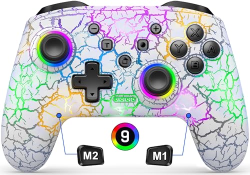Gammeefy Switch Controller, Wireless Switch Pro Controller for Nintendo Switch/Lite/OLED, 9 Color Adjustable LED Switch Remote Compatible with PC/Android/IOS with Programmable Function (White) - color: White