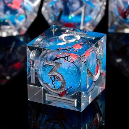 Sharp Edge Dice Set D&D Dice Resin Iridecent Mylar Galaxy D D Dice for RPG Role Playing Compatible with DND (Blue Quicksand + Plum Blossoms) - color: Blue Quicksand Plum Blossoms