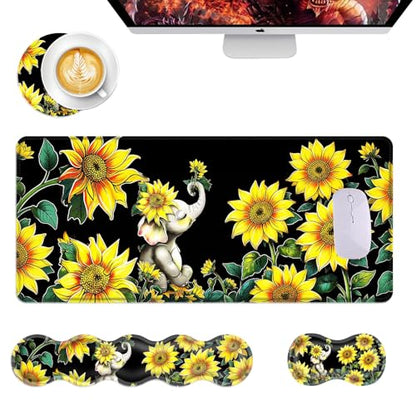 Mouse Pad,Large Desk Mat Set, 4in1 XL Mousepad + Keyboard Wrist Rest+Mouse Wrist Rest+Coaster with Ergonomic Desk Pad for Home Office Table Computer Cover -Elephant with Sunflowers - color: Elephant with Sunflowers