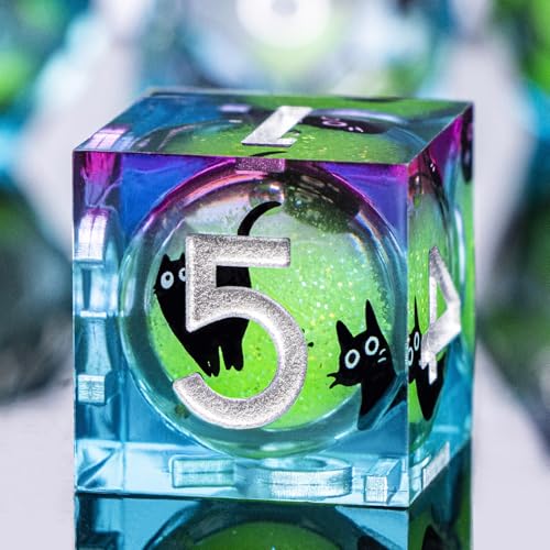 DND Cat Dice Set Green Sharp Edge Dice with Box, RPG D and D Dice Dungeons Dragons Role Playing Game Polyhedral Resin Dice Set D20 D12 D10 D8 D6 D4 - color: Green Purple