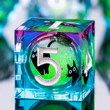 DND Cat Dice Set Green Sharp Edge Dice with Box, RPG D and D Dice Dungeons Dragons Role Playing Game Polyhedral Resin Dice Set D20 D12 D10 D8 D6 D4 - color: Green Purple