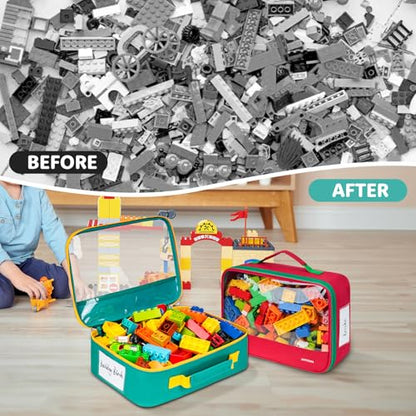 2 Pack Large Toy Storage Bags(12.6 * 3.9 * 8.6in), Magnetic Tiles Travel Organizer Case with Mesh Pocket Fits for Lego Bricks, Board Game, Puzzles, Toy Cars and Building Blocks - size: LARGE 2PCS