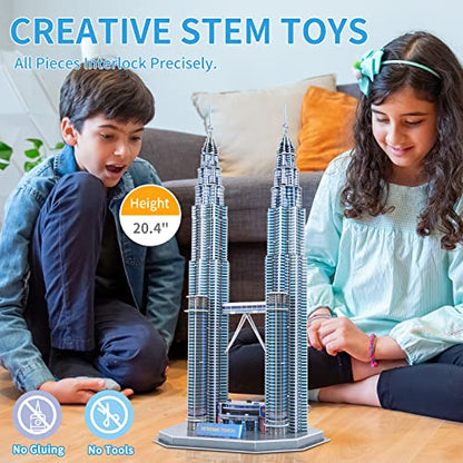 3D Puzzles for Adults & Kids, Petronas Twin Towers City Architecture Building Model Kit, 3-D Jigsaw Puzzles DIY STEM Desk Toys Christmas Birthday Gift for Hobbyist Teens Boys Girls 10-12-14, 130 PCS - style: Petronas Twin Towers