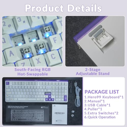 Aula Hero 99 Wired Gaming Keyboard, Hall Effect Switch with Rapid Trigger | 101Keys Hot Swap Magnetic Switch Keyboard with Number Pad, Web Driver RGB Backlit Mechanical Keyboard for Office PC Gamer - color: White Purple