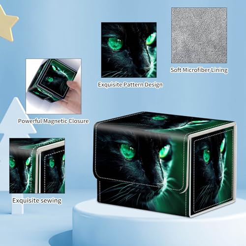 for MTG Commander Deck Box,Card Deck Box for Trading Yugioh MTG,Fits 100 Double Sleeved Cards,PU Leather Strong Magnet Case for Magic Commander TCG CCG,Black Cat Green - color: Black Cat Green