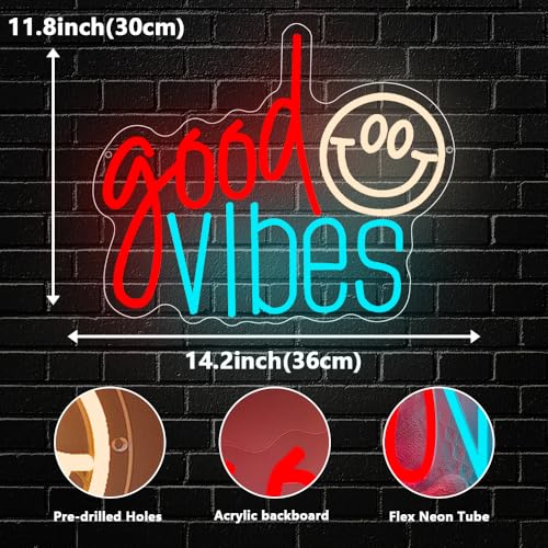 Good Vibes Neon Sign, Smile Face LED Neon Light for Wall Decor Good Vibes Light Up Lamp for Bedroom Dorm Game Room Wall Art Party Decorations Gift USB Powered(14.2"*11.8") - style: Good Vibes