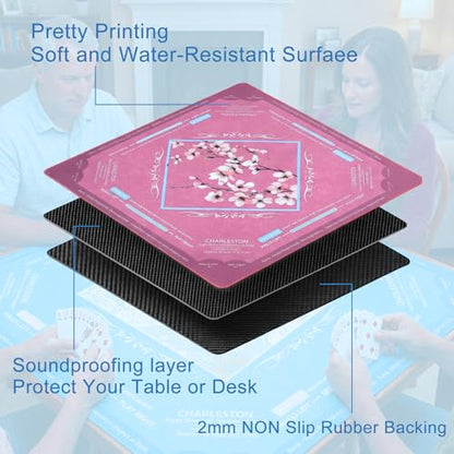 Rollup Shipped American Mahjong Mat with Rules No Crease | 32.6x32.6 inch with Velvet Bag Non Slip Noise Reduction Mahjong Mats with Rules Pink Plum Blossom Design - color: Pink Plum Blossom