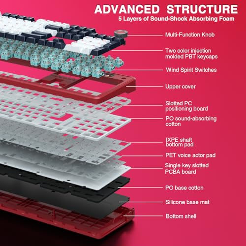 AULA F108 PRO - Wireless Mechanical Keyboard with Screen&Knob,Hot Swappable Gaming Keyboard with 8000mAh Battery,Pre-lubed Switches,RGB Backlit,PBT Keycaps Creamy Sounding Computer Keyboards,104 Keys - color: White&Red