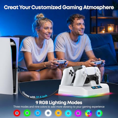 PS5 Controller Charger Station, Drop & Go Design Compatible with PlayStation 5 DualSense/Edge Remotes, Fast Charging Dock with 9 RGB Lights & LED Indicator, Charging Stand