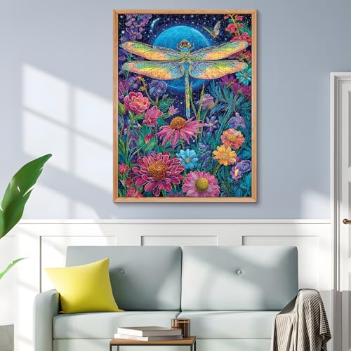 Moonlit Dragonfly in Flower Garden 500 Piece Jigsaw Puzzle, Relaxing Game | Fun and challenging for family time, relaxing gift for adults and seniors, 20.5 x 15 in - style: Dragonfly