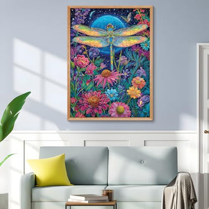 Moonlit Dragonfly in Flower Garden 500 Piece Jigsaw Puzzle, Relaxing Game | Fun and challenging for family time, relaxing gift for adults and seniors, 20.5 x 15 in - style: Dragonfly