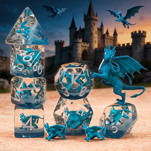 Dragon Resin D&D Dice Set, 7-Piece DND Polyhedral Dice (D4, D6, D8, D10, D12, D20, D%) Dungeons and Dragons Dice Set - color: Blue Dragon