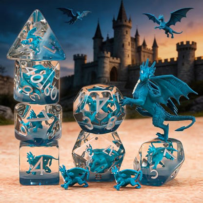 Dragon Resin D&D Dice Set, 7-Piece DND Polyhedral Dice (D4, D6, D8, D10, D12, D20, D%) Dungeons and Dragons Dice Set - color: Blue Dragon