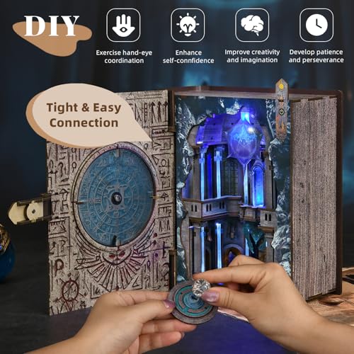 MiniCity DIY Book Nook Kit, 3D Wooden Bookend Bookshelf Insert Decor with LED Light, 278 Pcs Craft Kit for Teens & Adults (Circle of Magic) | 260-piece book-style DIY kit with LED and dust cover; glue/tools and guide included; 4-6 hr build for shelf decor