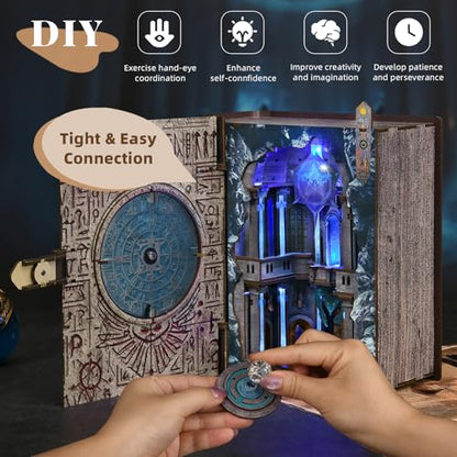 MiniCity DIY Book Nook Kit, 3D Wooden Bookend Bookshelf Insert Decor with LED Light, 278 Pcs Craft Kit for Teens & Adults (Circle of Magic) | 260-piece book-style DIY kit with LED and dust cover; glue/tools and guide included; 4-6 hr build for shelf decor