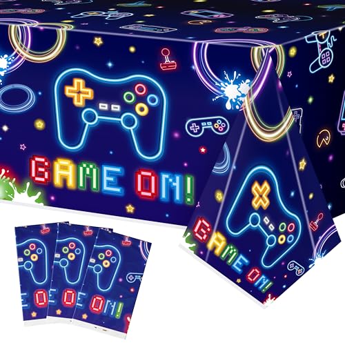 Video Game Party Tablecloths - 3Pcs Neon Video Game Birthday Party Table Covers Decorations, Game on Themed Rectangular Plastic Disposable Table Cloth Decor for Kids Birthday Gaming Events Supplies - color: Video Game