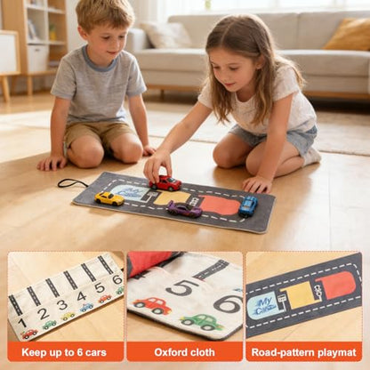 Portable Toy Car Storage Roll and Playmat - Travel Car Carrier Organizer Case for 6 Small Cars - Compatible with Hot Wheels & Matchbox, Toddler Quiet Play Activity Mat for Airplane