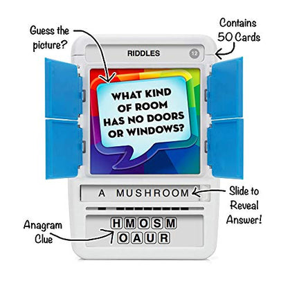 100 PICS Riddles Travel Game - Guess 100 Riddles | Flash Cards with Slide Reveal Case | Card Game, Gift, Stocking Stuffer | Fun for Kids and Adults | Ages 6+ - style: Riddles