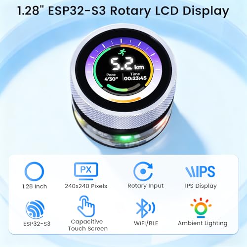 ELECROW 1.28" ESP32 Rotary Display 240x240 HMI IPS Round Knob Touch Display | 2.4G WiFi and BLE Capacitive Rotary Touch Screen Development Board Compatible with Arduino IDE and LVGL Library - size: 1.28" ESP32 Rotary Display