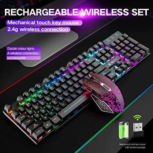 Rechargeable Wireless Gaming Keyboard and Mouse Combo with Mouse Pad, Black | 4,000mAh Battery, Up to 75H, Rainbow Backlight, 29-Key Anti-Ghosting, Mechanical Feel, 2,400 DPI, 6 Buttons, USB Receiver