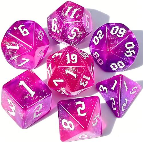 CiaraQ 7pcs Polyhedral Dice Set for Dungeon and Dragons MTG Table Games | Acrylic Role Playing Dice for D&D with Black Velvet Bag – Magenta-Purple Glitter Gradient – Standard Size – Ages 14+ - color: Purple + Red + Glitter